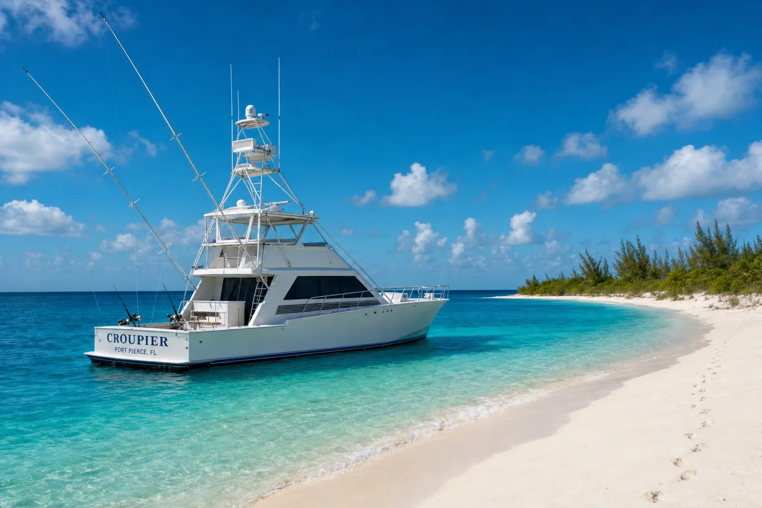 CROUPIER anchored off a deserted powder-white Bahamian beach