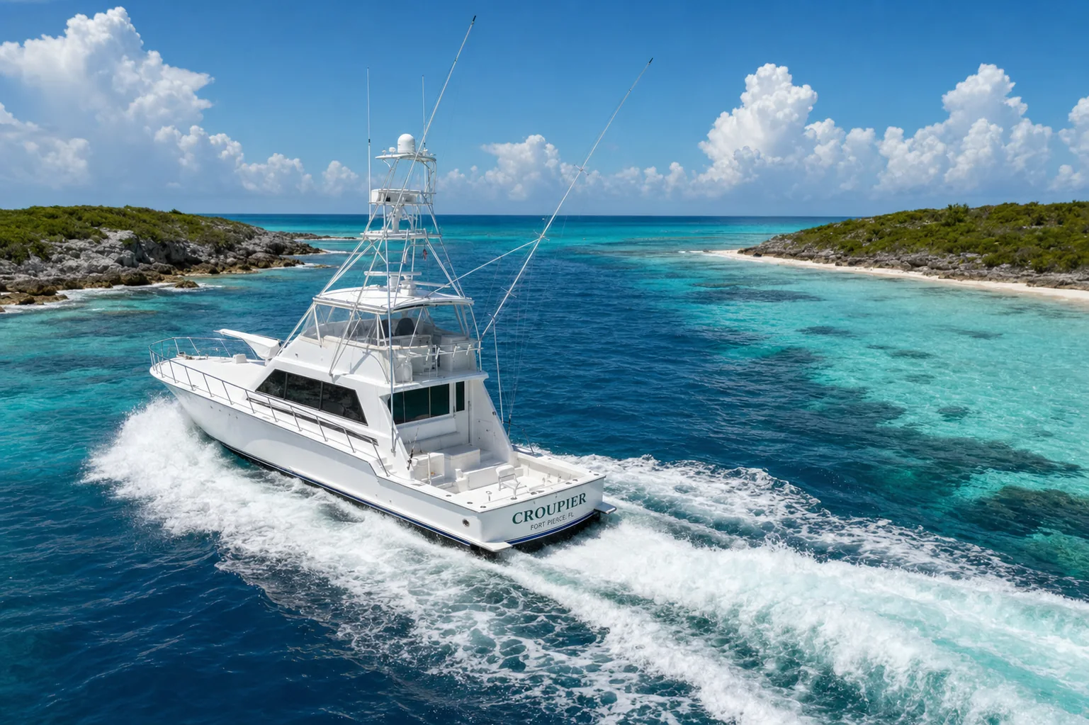 CROUPIER running at cruise through a Bahamian island cut over turquoise banks
