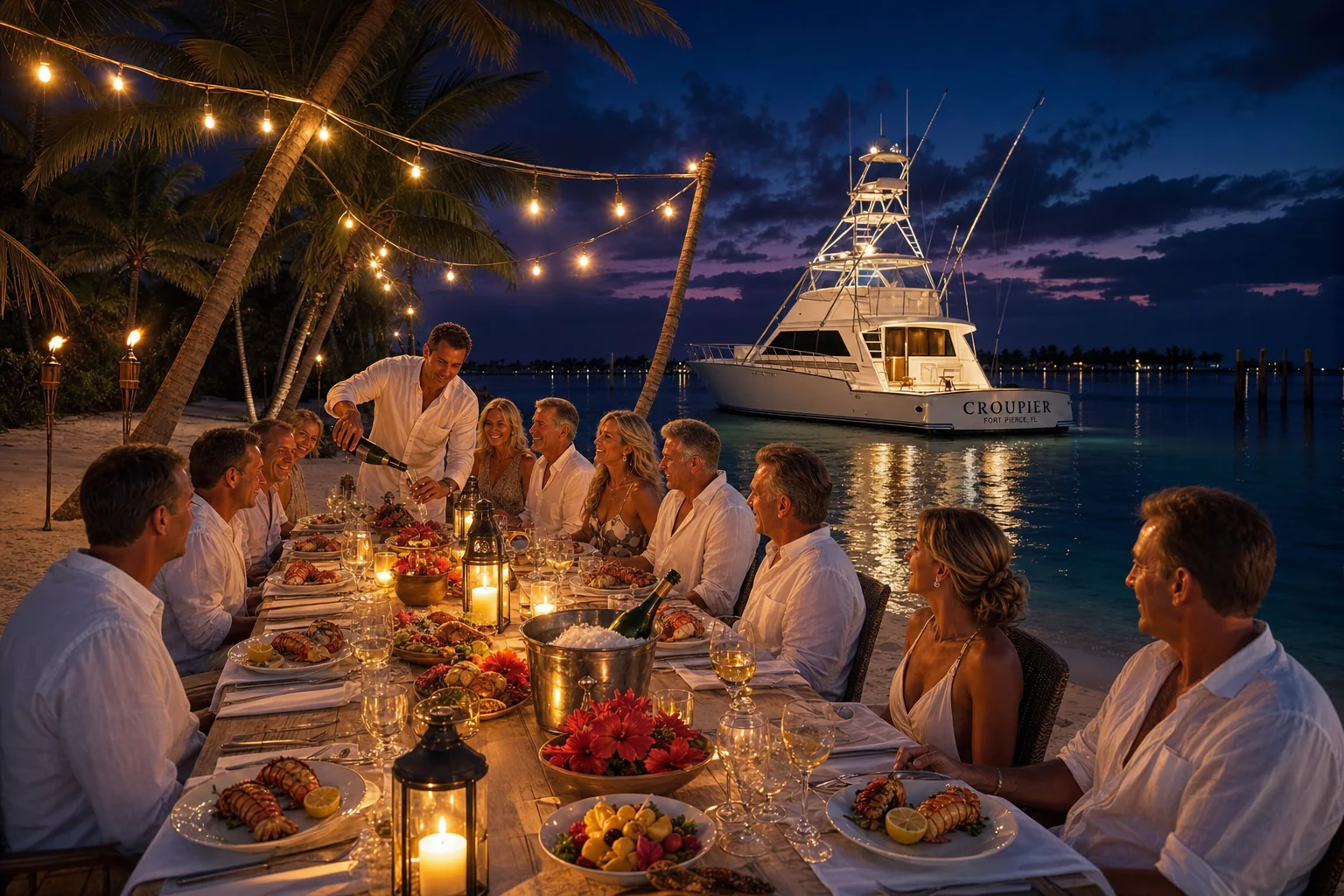 A long table set on the sand at dusk with CROUPIER lit at anchor behind