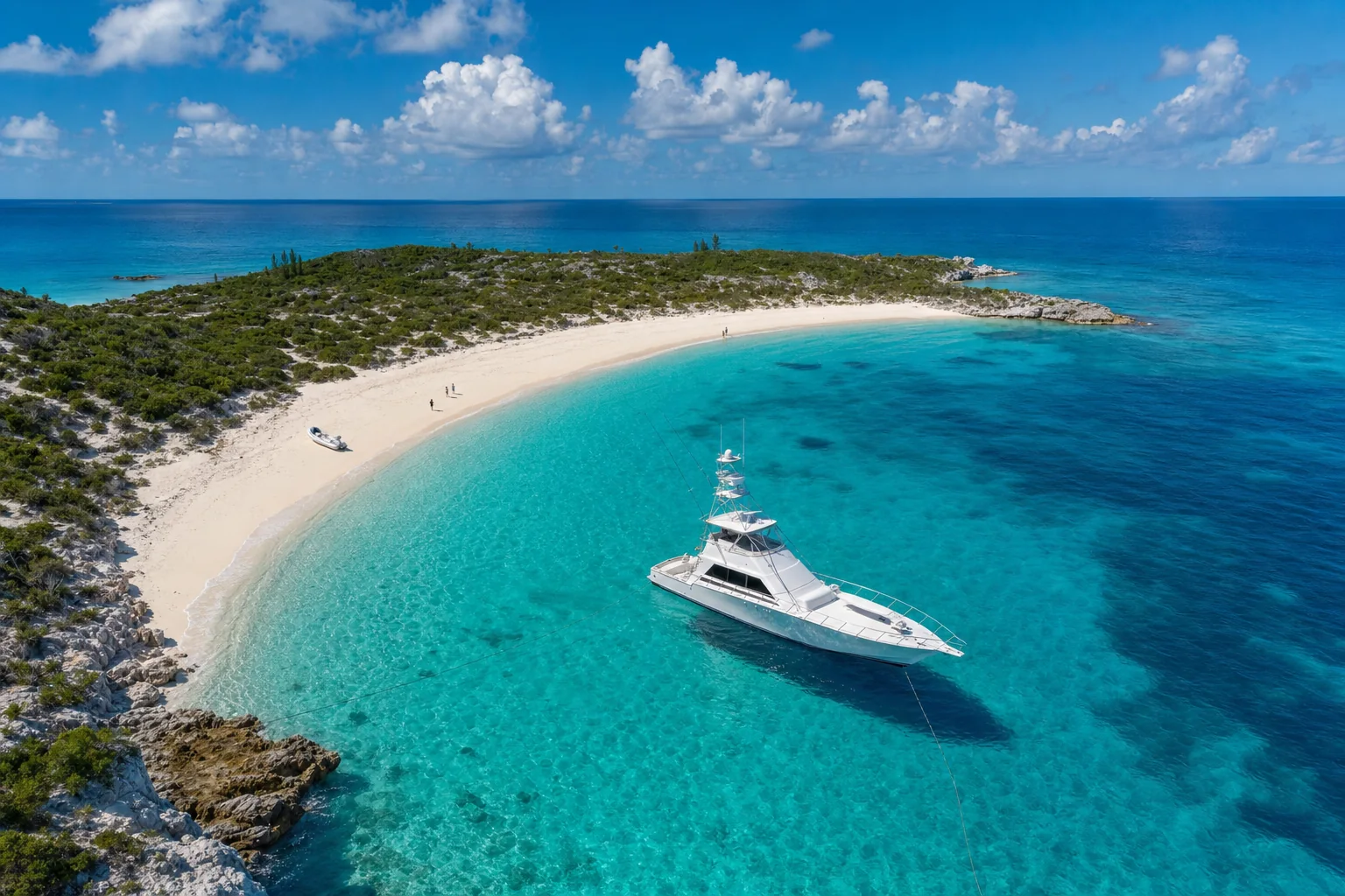 CROUPIER at anchor alone in a horseshoe cove off an uninhabited Bahamian cay