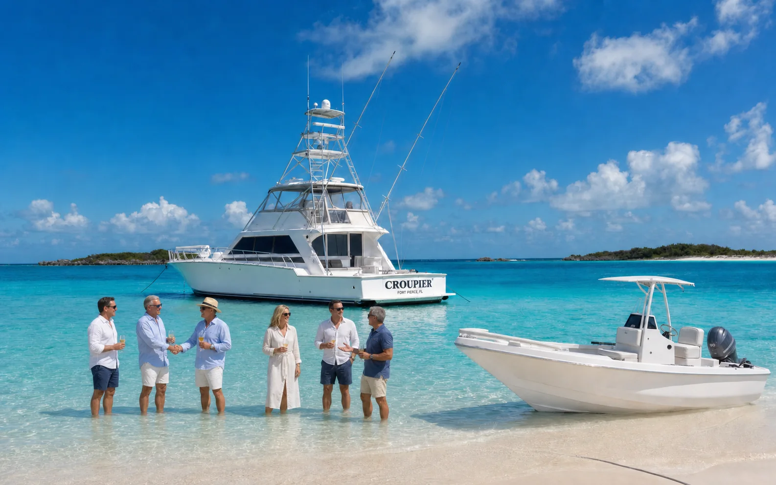 Guests ashore on an Exuma sandbar with CROUPIER at anchor behind