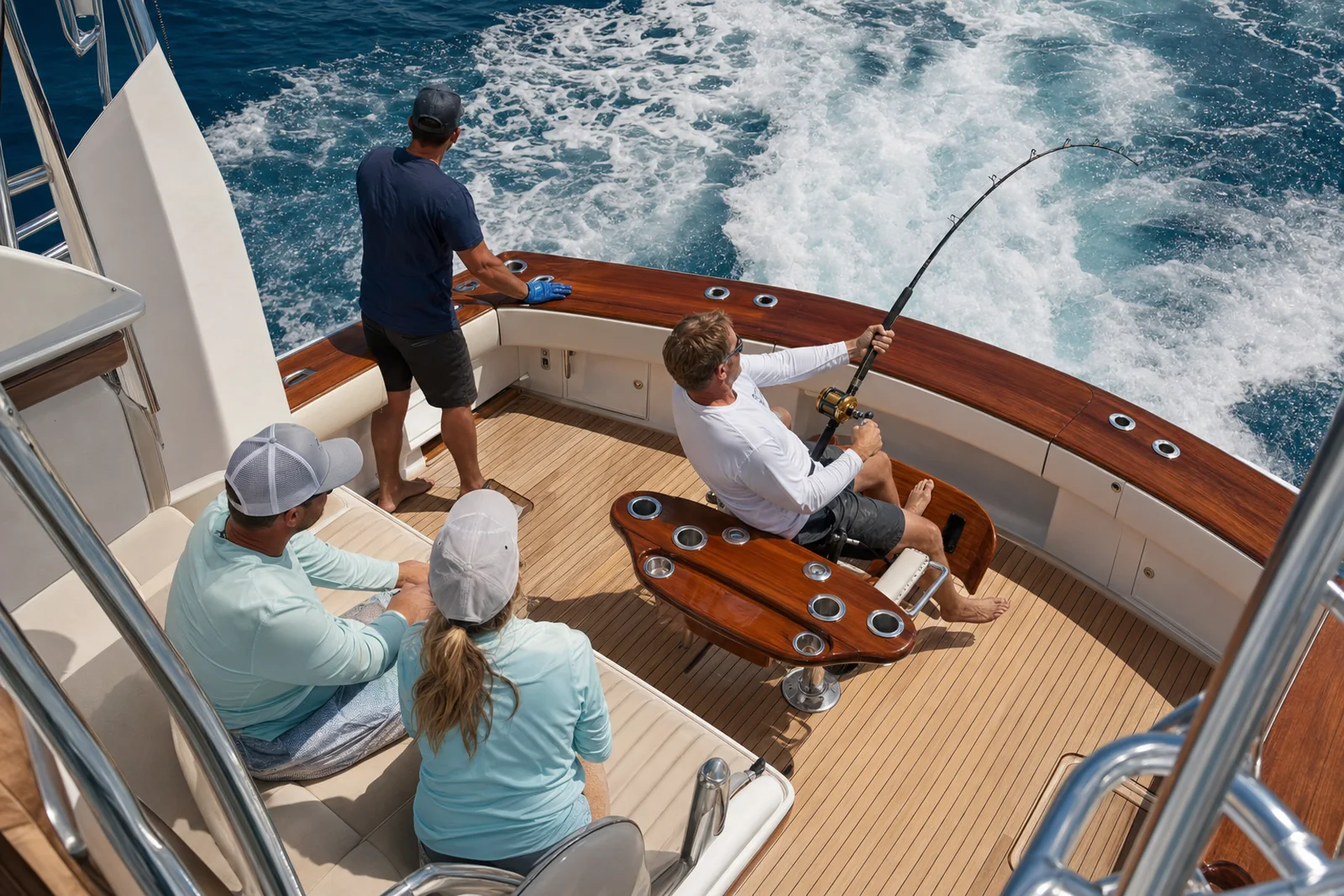Hooked up in the teak cockpit, seen from the bridge