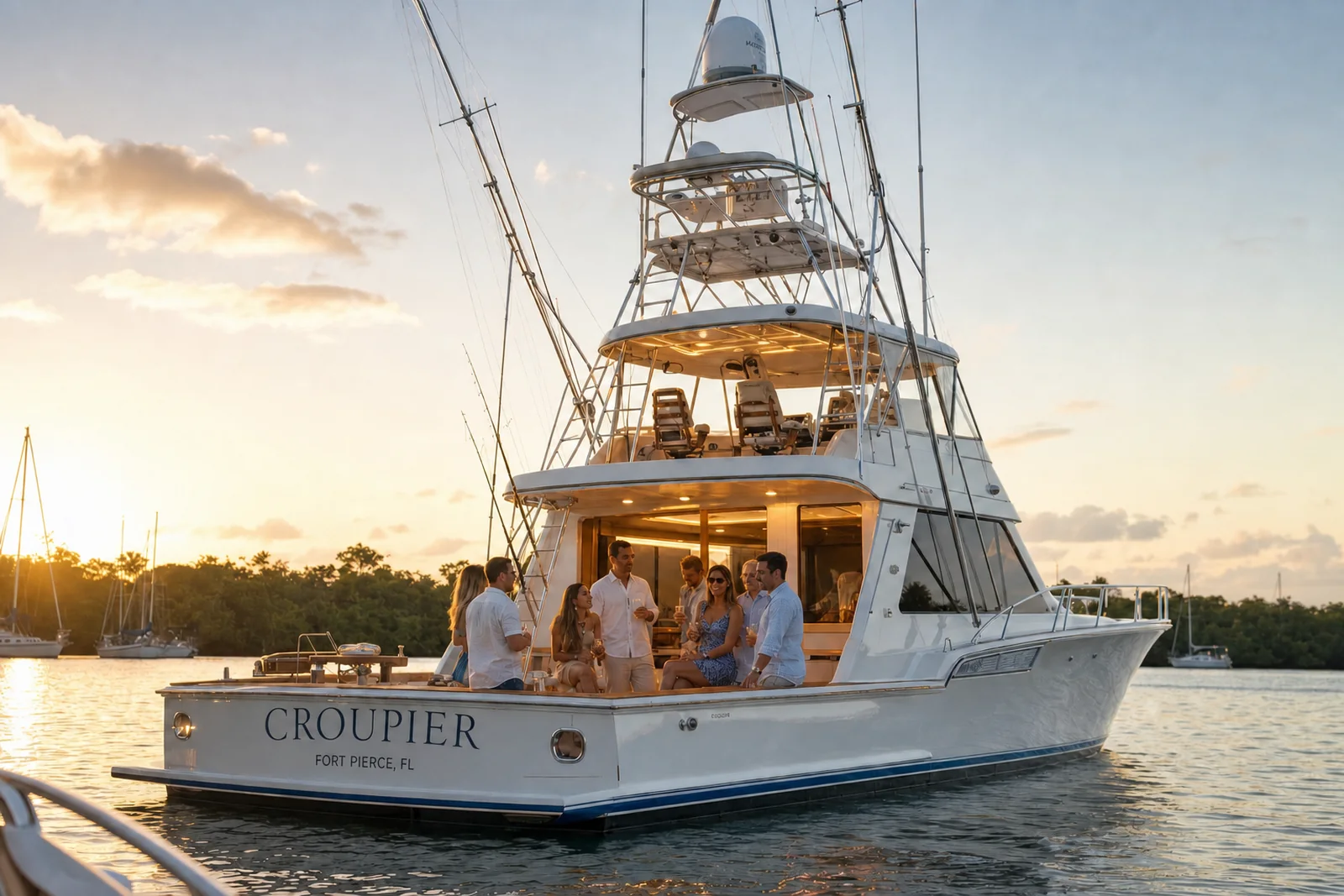 CROUPIER at anchor at golden hour with guests aboard